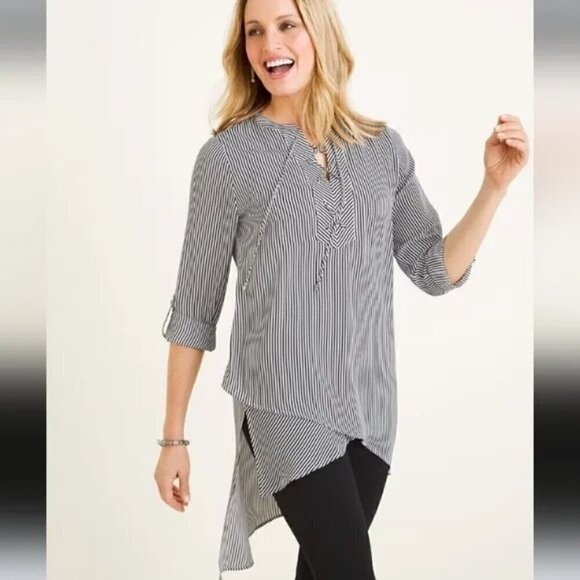 CHICO'S Striped Lace Up Tunic  SZ 0 - Picture 1 of 8
